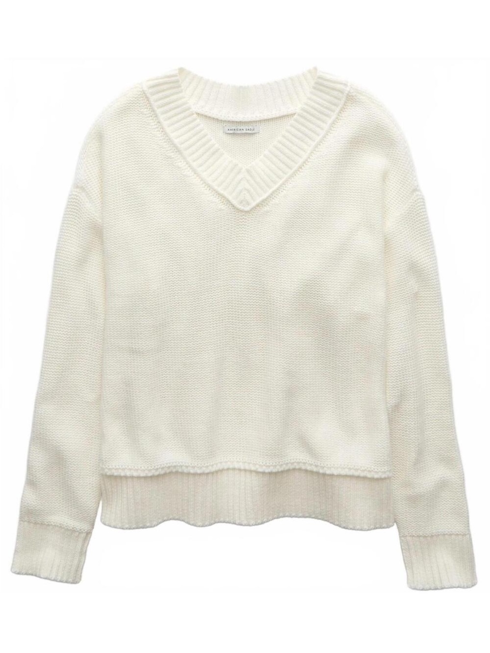 AE Long Weekend V-Neck White Sweater Women’s Medium 100% Cotton Layering Normcor